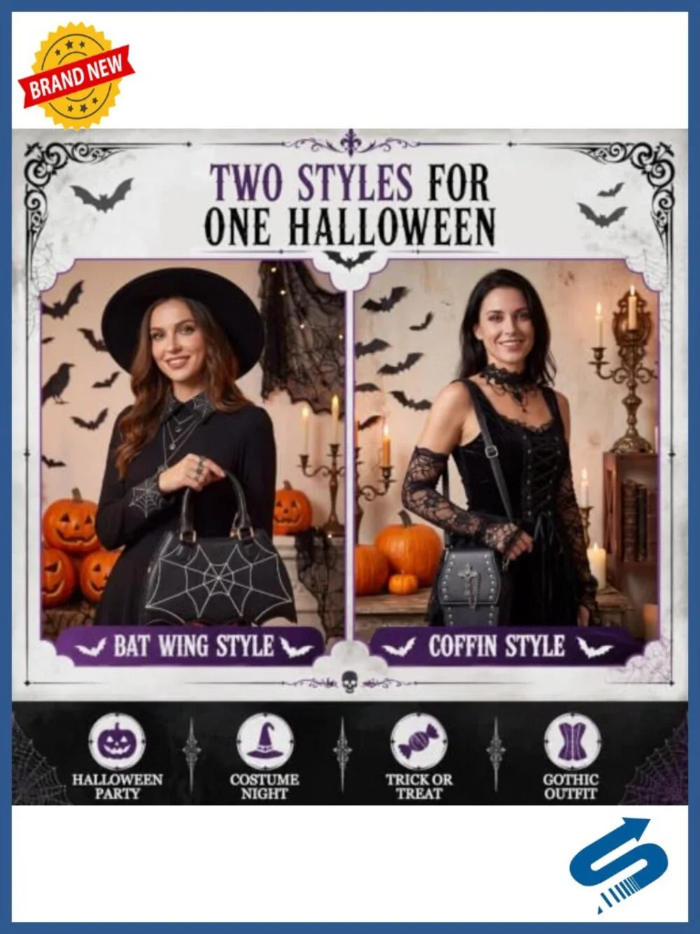 Halloween Purse Set 2 Pack Bat Backpack Cross Chain Shoulder Bag PU Leather